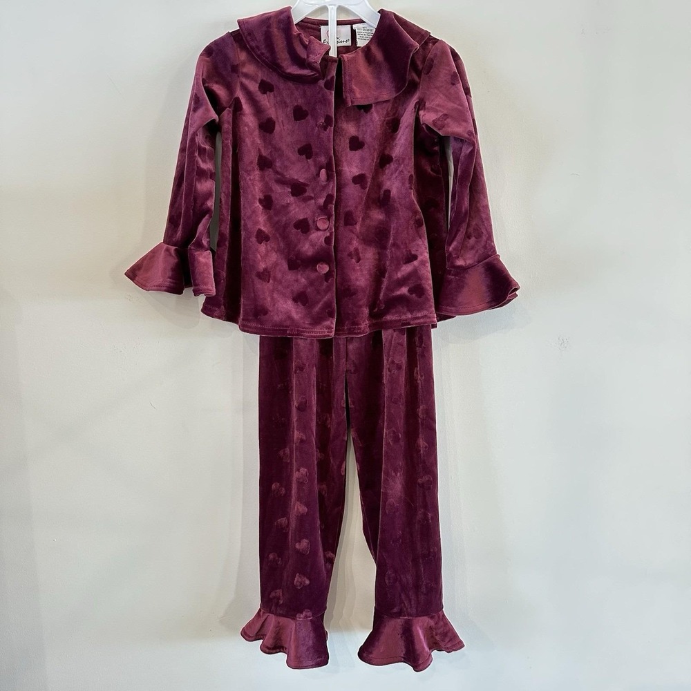 VTG 90's Toddler Girl 5T Expressions Burgundy Velvet Outfit Heart Ruffle‎ READ